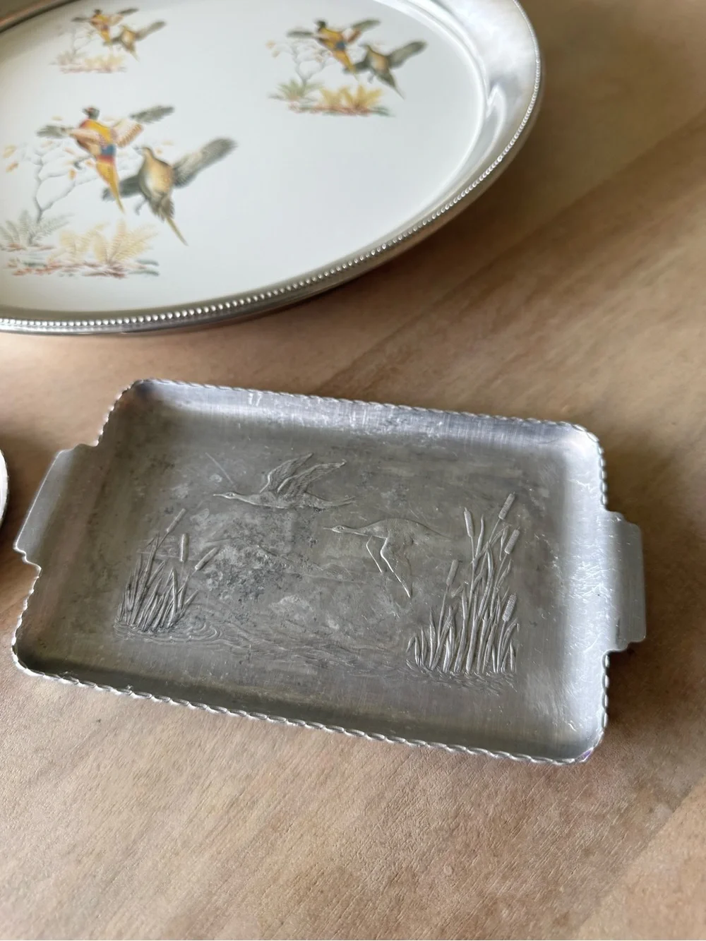 Vintage Aluminum Tray and Coaster Set with Flying Ducks Relief